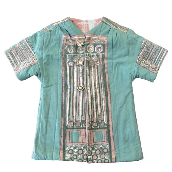 OOAK Quilted Patterened Retro green top jacket short sleeves button front medium - Picture 1 of 11